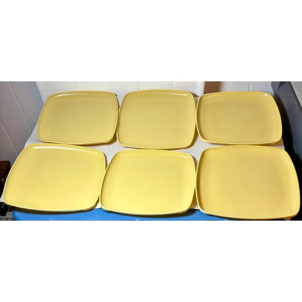 Vtg MCM Yellow Melamine/Plastic Tranquil Ware Byrd Set of 6 Dinner Plates 9”